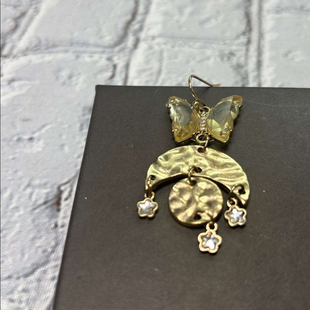 Butterfly Moon Star Gold Tone Foil Dangle Earrings - Picture 5 of 7